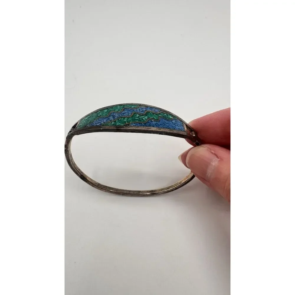 Vintage Alpacha Size 7Chipped Turquoise Mexico Sterling Silver Woman's Bracelet